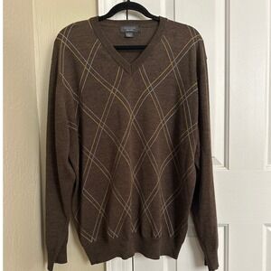 Vintage Toscano Made in Italy XL Brown Argyle V-Neck Sweater - Merino Wool Blend